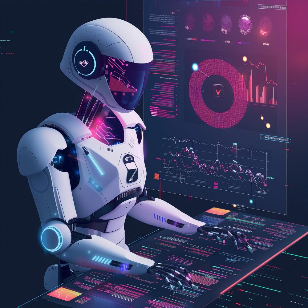 White Robot Analyzing Data on Digital Touchscreen